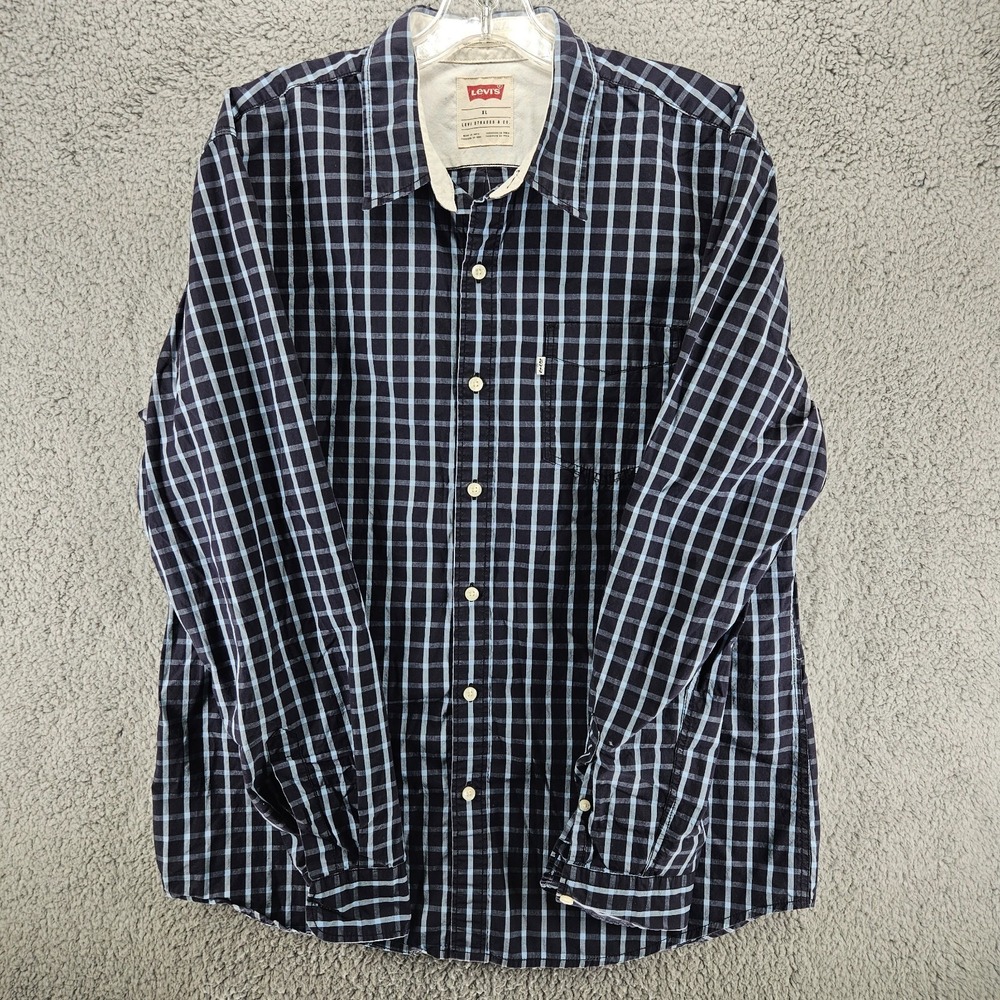Levis Mens‎ XL Slim Fit Plaid Button Down Shirt Navy Blue Long Sleeve Cotton